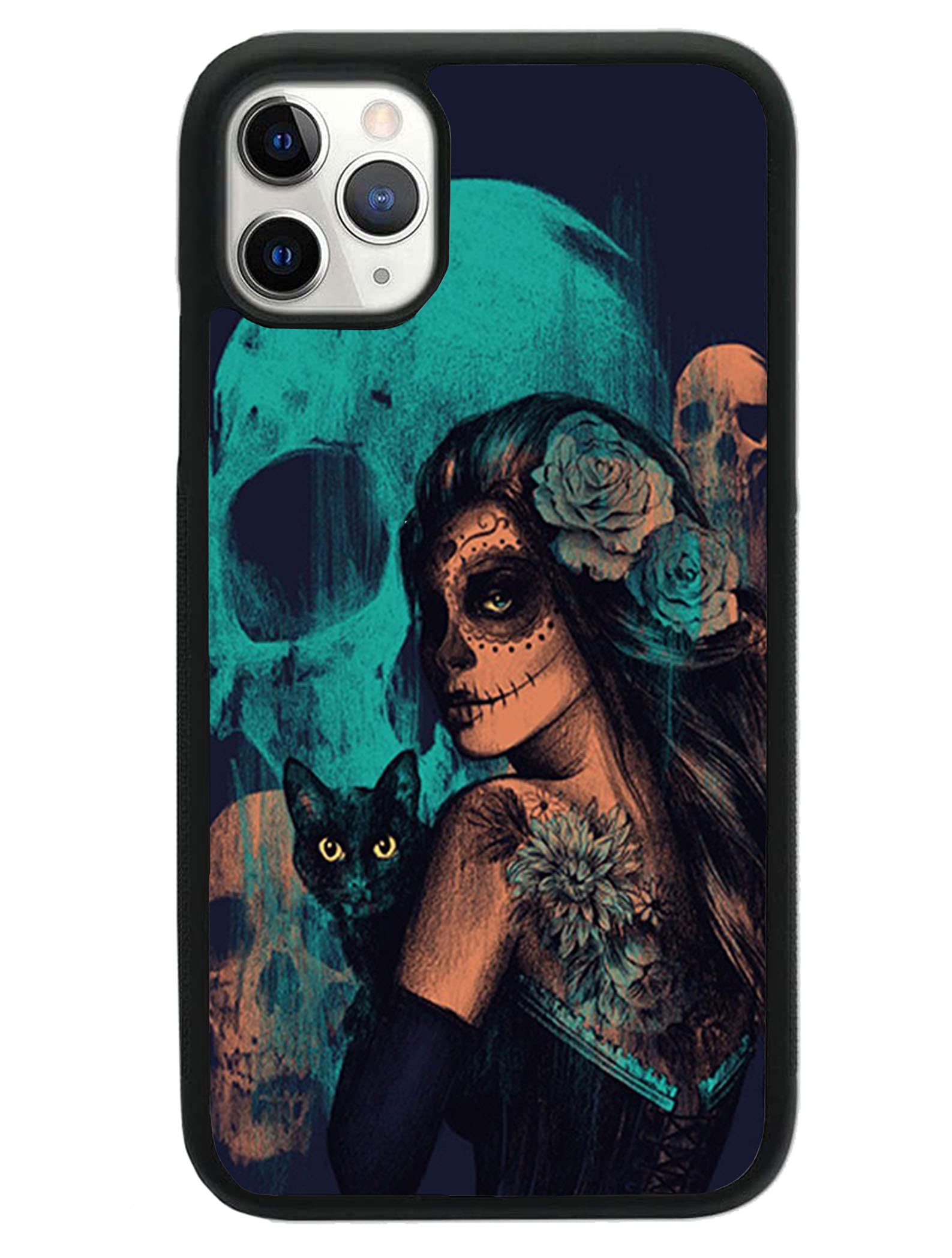 VUTTOO for iPhone 11 Pro Max Case - Day of The Dead Women Black Cat and Skull Pattern Phone case - TPU Shock Absorption Protection Phone Cover Case