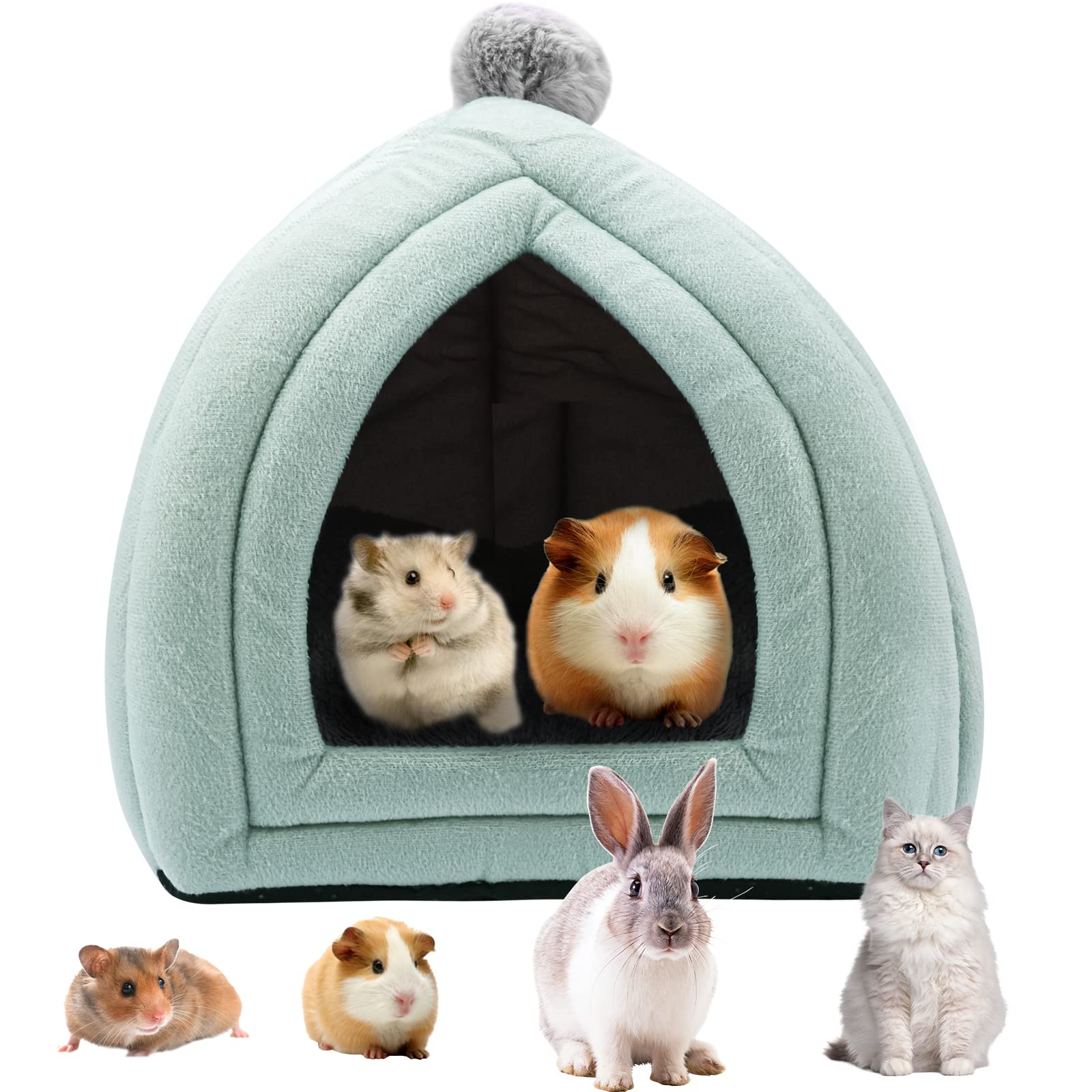 Small Animal Pet Winter House, Tent Cave for Cats/Small Dogs, Guinea Pig Warm Cave With Removable Cushion, Rabbit Bed for Hamster, 25x25CM Green