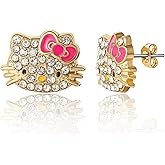 Pave Crystal Hello Kitty Earrings for Women Official License, Gold Tone and Enamel Dangle or Stud Earrings, Sanrio Jewelry