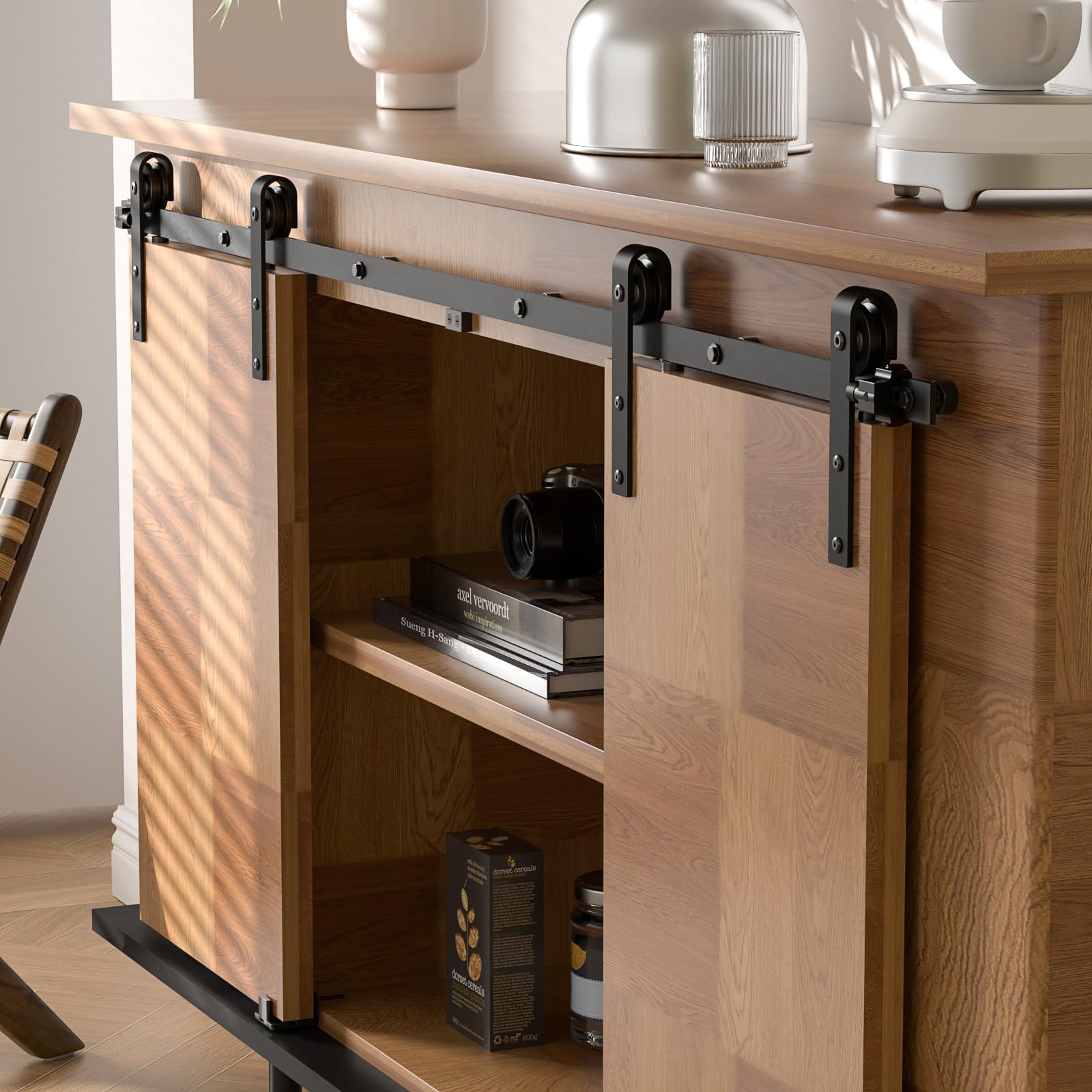 BONIKLUBA 4FT/122cm Mini Sliding Barn Door Hardware Small Sliding Door Rail Kit for Double Doors TV Stands Wardrobe Cabinets (No Cabinet Door)