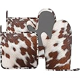 CEVIOLINRE Cow Print Oven Mitts and Pot Holders Set Silicone Heat Resistant Western Farm Brown Cowhide Print Kitchen Gloves Set Rustic Kitchen Mittens Pot Holders for BBQ Cooking Baking Grilling