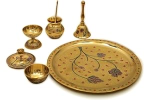 RAJ GHARANA METALS Brass Pooja Set 7pcs - Handcrafted Colorful Meenakari Brass Aarti Thali Set - Traditional Pital Pooja Thali Set for Temple - Floral Etched Design - Ideal Gift for All Occasion