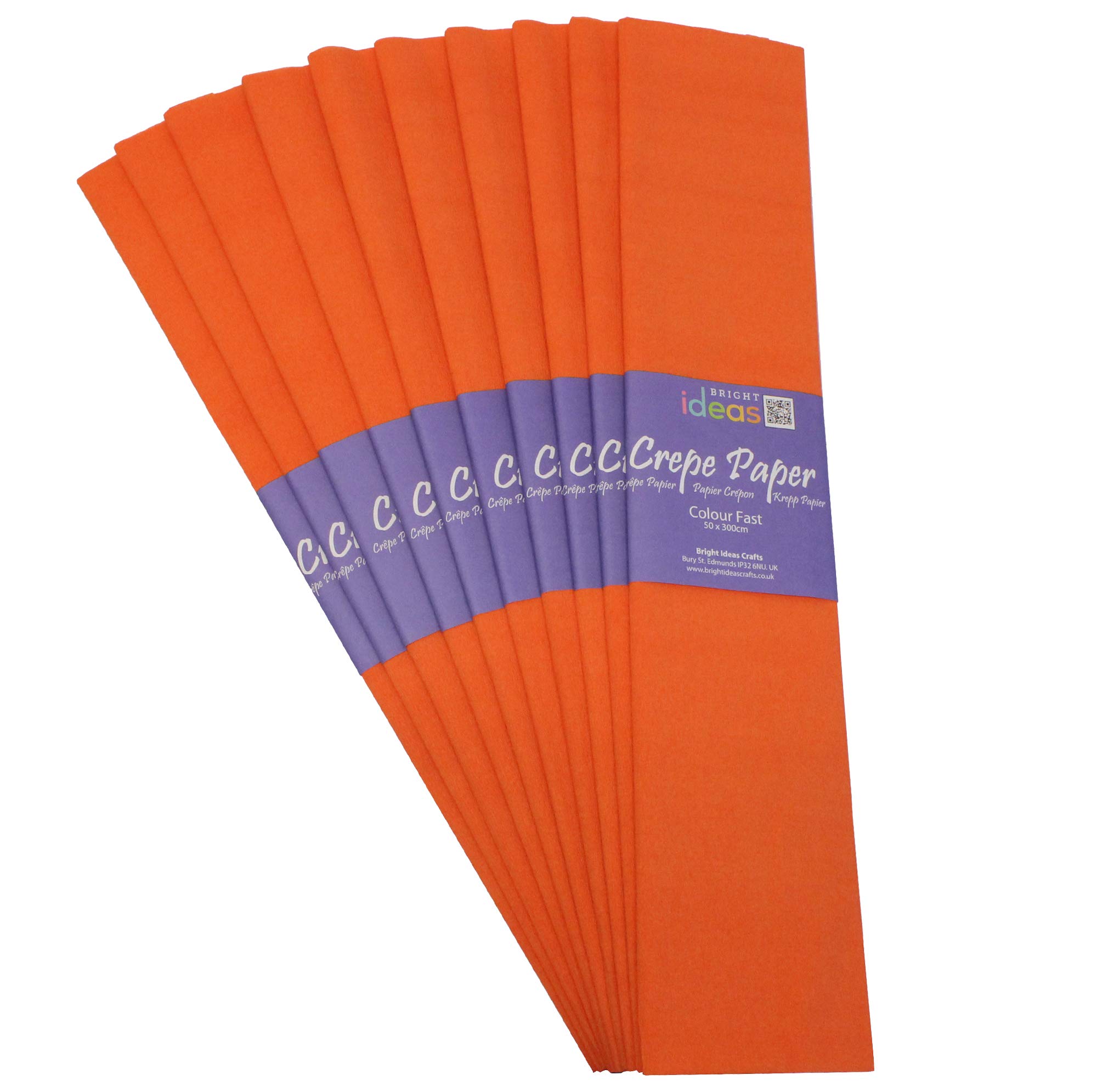 Bright Ideas Crepe Paper Sheets – Orange. Sheet Size: 50cm x 3m, Pack of 10 Folds. 17gsm, 40% Stretch, Colourfast and Acid Free. Ideal for Flower Making, Gift Wrapping and Arts & Crafts.