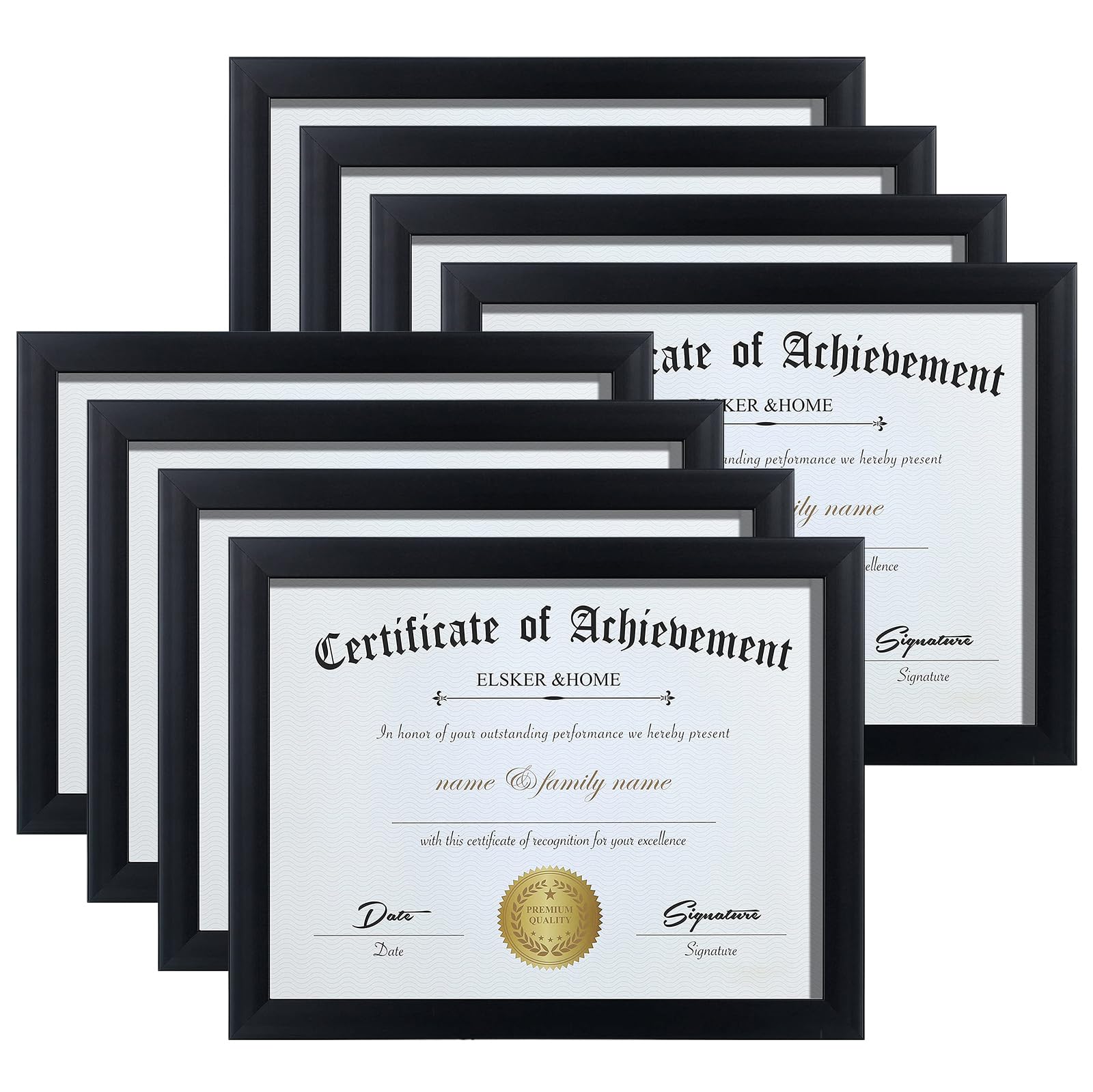 Photo 1 of ELSKER&HOME 8.5 x 11 Picture Frame - Black Sturdy Wood Composite Certificate Frame 8 Pack - Semi-Tempered Glass - Includes Hanging Hardware and Desktop Easel - for Document/Diploma Frame (8 Pack)