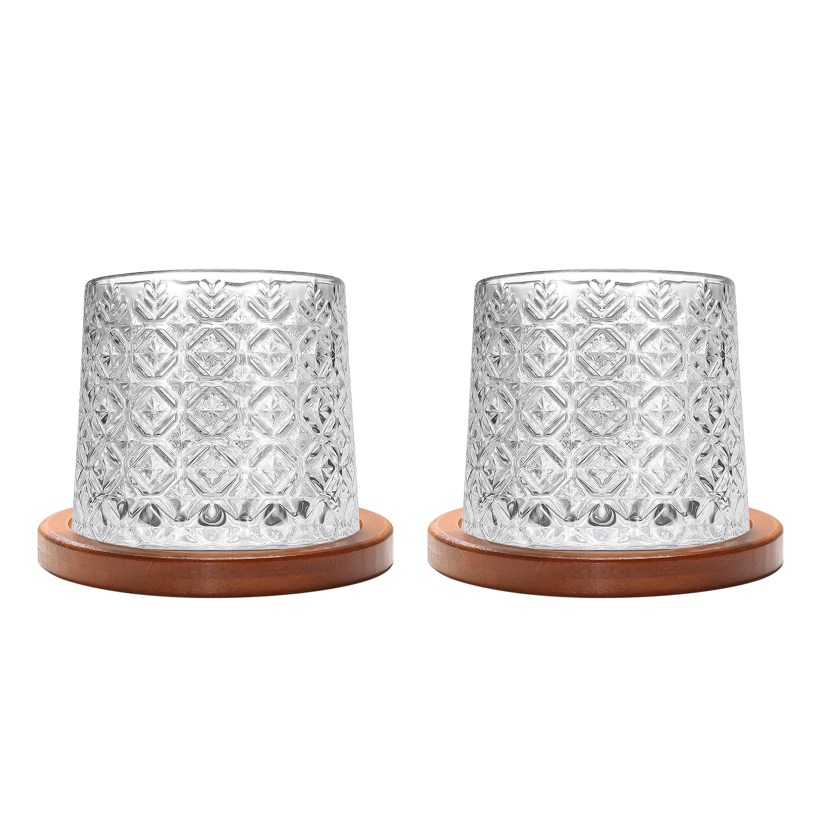 Rotatable Old Fashioned Crystal Whiskey Glass Set of 2, 275ml/10oz, Wood Coaster, Thickened, Used as Rum, Cocktail, Coffee, Milk Cup for Relaxation