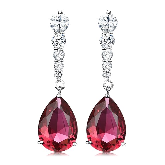 Fashion Jewelry Diamond Cubic Zirconia White Gold Plated Red Teardrdop Dangle Stud Earrings for Women Gifts for Her Mom