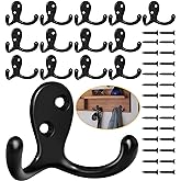 Homanu 14 Pack Black Coat Hooks Wall Mounted Double Prong with 28 Screws | Metal Double Hooks Wall Hooks for Hanging Towel, Coat, Bag, Hat, Cup, Key