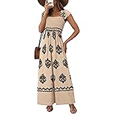 Happy Sailed Womens Summer Jumpsuits Printed Square Neck High Waisted Pockets Wide Leg Rompers Beach Fashion Vacation Outfits