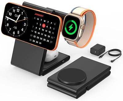 New Travel Foldable 3 in 1 Wireless Charging Station for Apple Magsafe Charger Stand,Fast Magnetic Wireless Charger Station for iPhone 17 Air 16 15 14 13 12 Series,Airpods Pro,Apple Watch Ultra-Black
