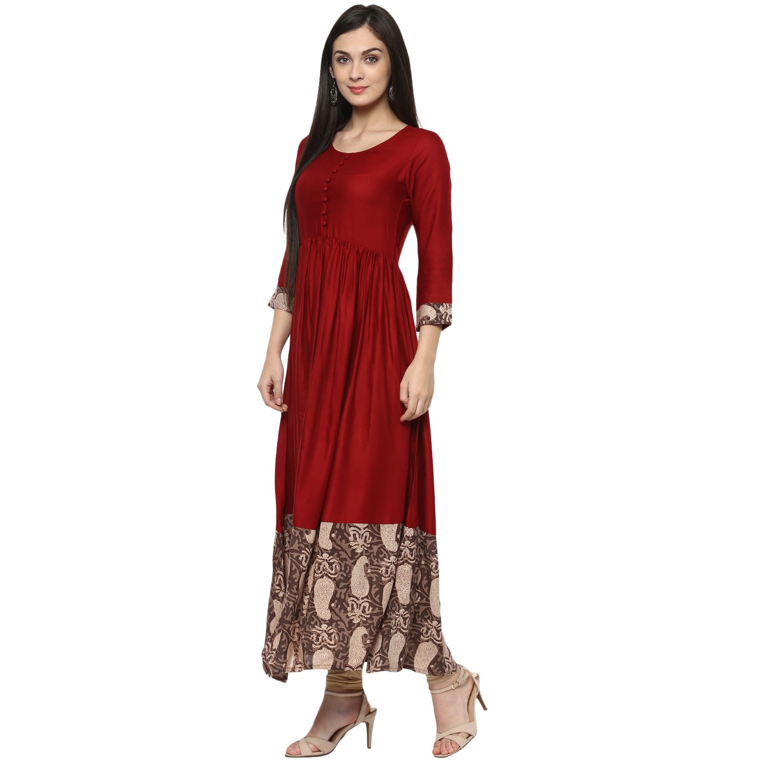 ives anarkali maroon viscose floral print printed casual kurti for women