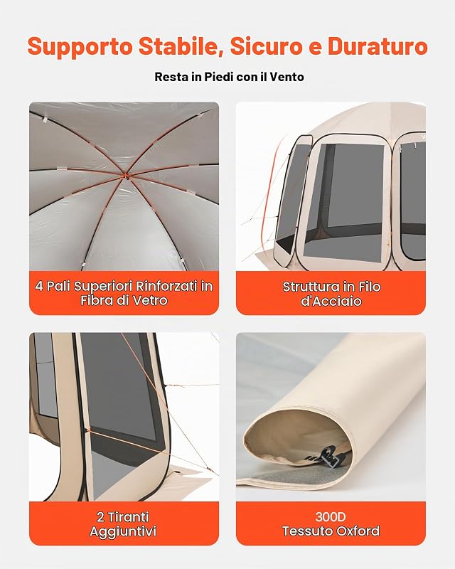 Tenda da Campeggio Trasparente con Finestra 3660 x 3380 x 2300 mm Tenda Gazebo a Baldacchino per 10-12 Persone, con Borsa per il Trasporto, Lati in Rete, per Patio e Attività all'Aperto, Beige