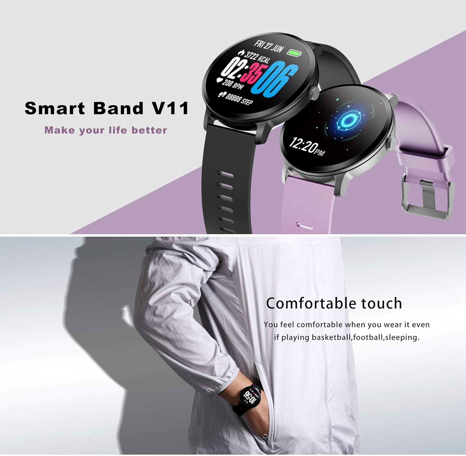 Amazon.com: XXxx V11 Smart Watch IP67 Waterproof Tempered ...