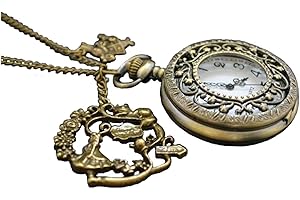 JOYPLANCRAFT Alice in Wonderland- Alice Pocket Watch Necklace,with Antique Brass Rabbit,teapot Cat Pendant