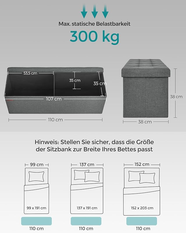 Sitzhocker mit Stauraum, klappbare Sitzbank, 38 x 110 x 38 cm Fußbank, Aufbewahrungsbox, bis 300 kg belastbar, für Wohnzimmer Schlafzimmer Flur, schiefergrau LSF77K