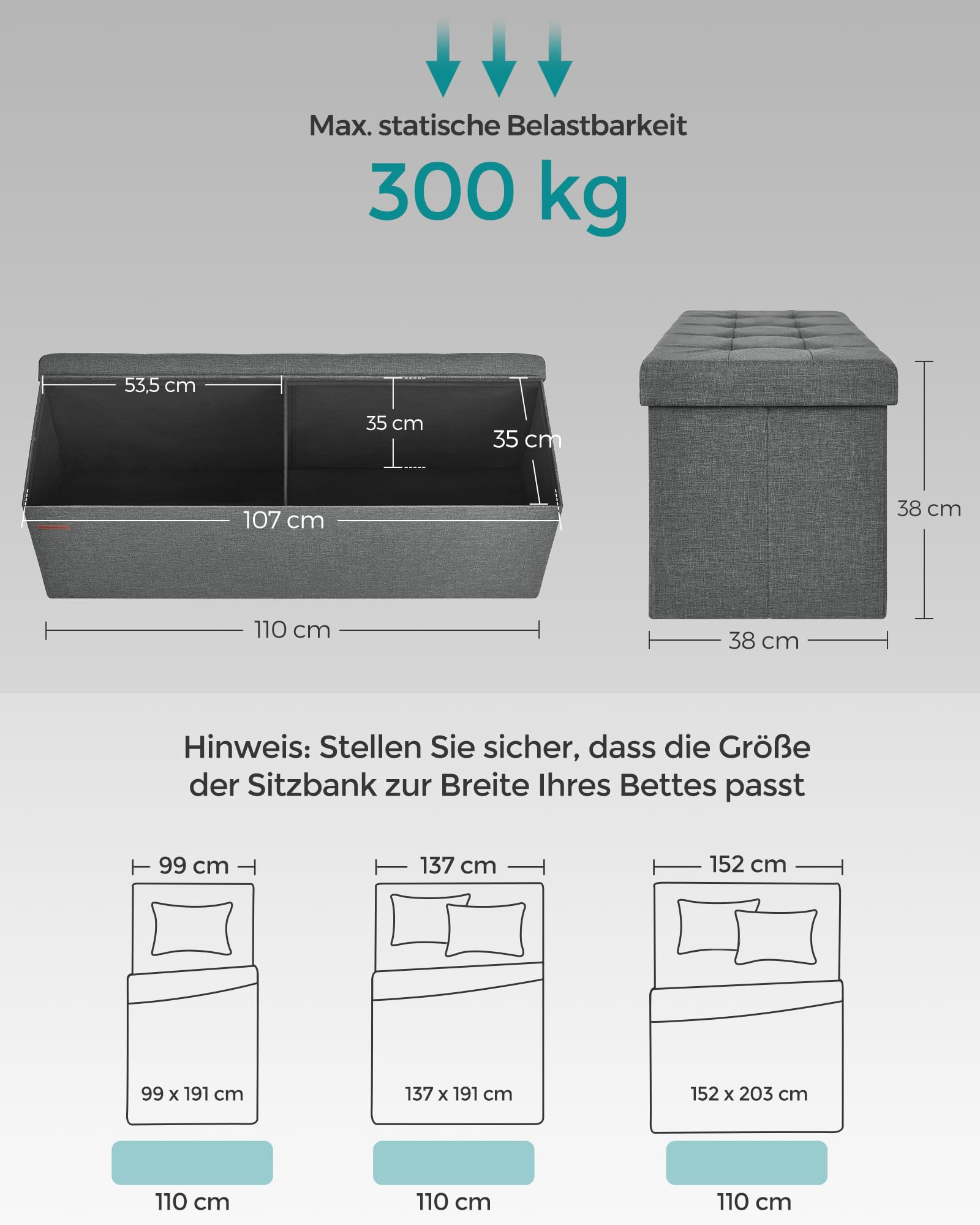 SONGMICS Sitzhocker mit Stauraum, klappbare Sitzbank, 38 x 110 x 38 cm Fußbank, Aufbewahrungsbox, bis 300 kg belastbar, für Wohnzimmer Schlafzimmer Flur, schiefergrau LSF77K 4