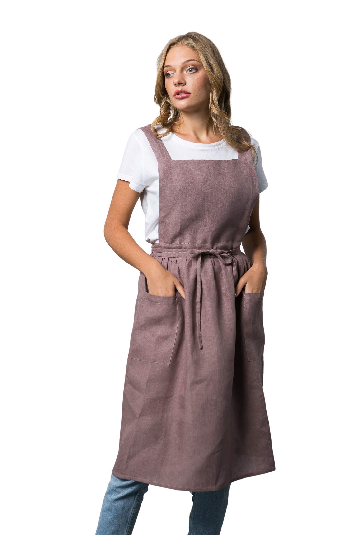 Bunny Street Linen Pinafore Apron for Women – Japanese Cross-Back Apron – Linen Smock for Chef, Artist, Baker, Florist (Heather)