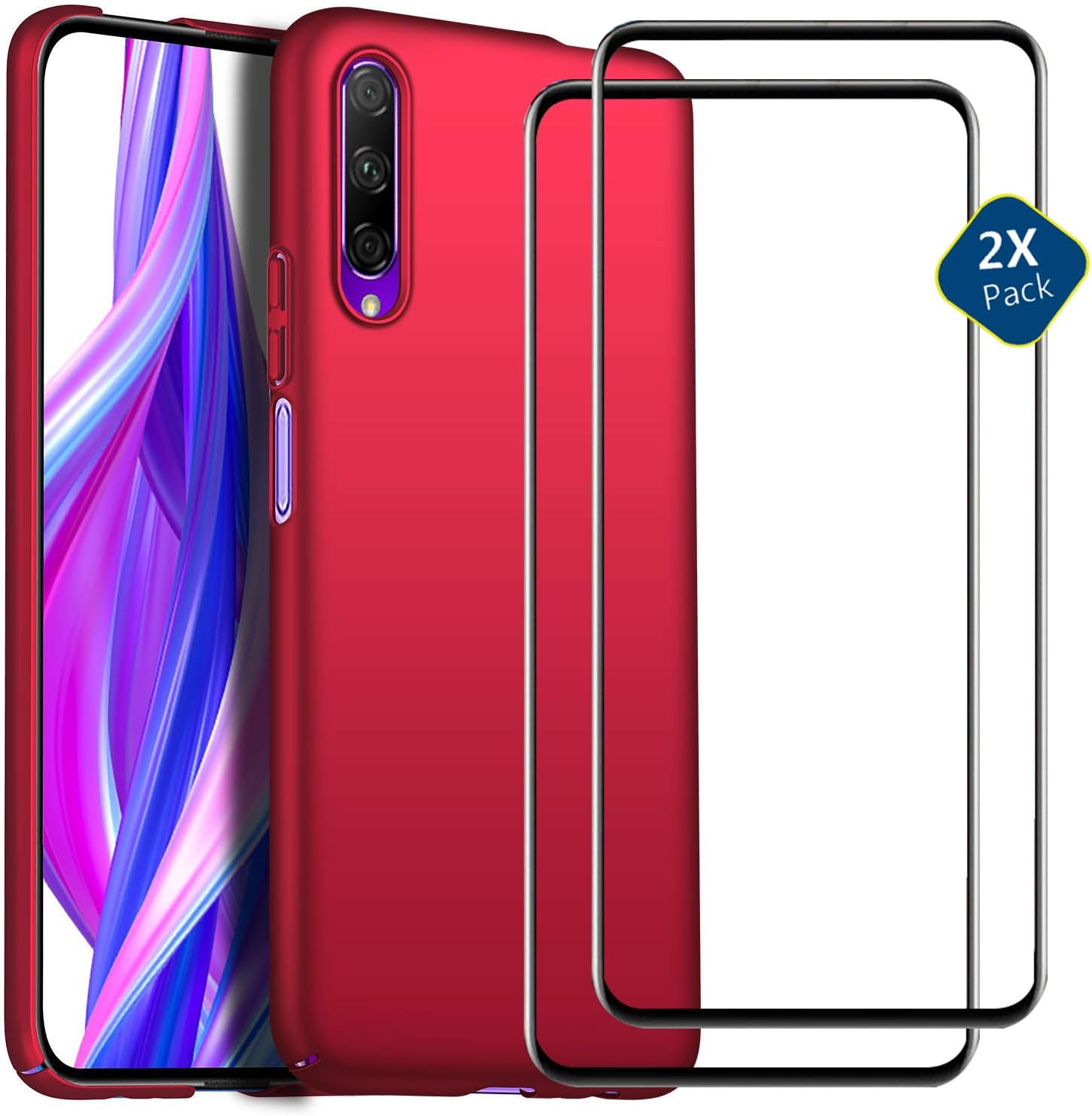 MISKQ Case compatible with Huawei Honor 9X Pro/Honor 9X/Huawei Y9S,+ 2 PACK tempered glass screen protector Anti-fall hard shell trendy protective cover + 9H protective film(red)