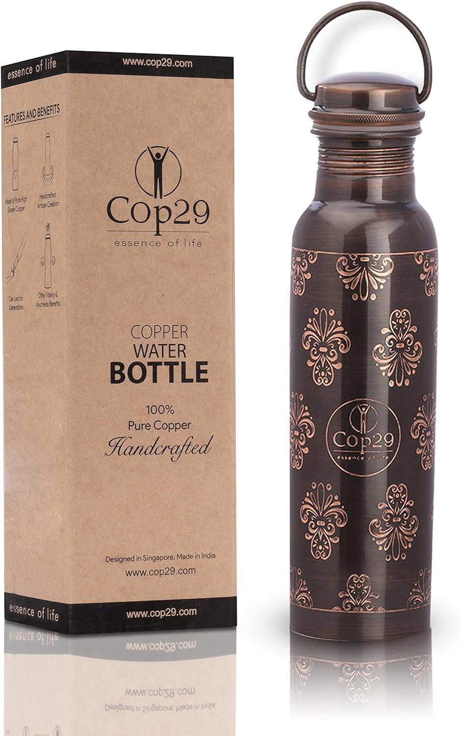 Cop29 Hand Engraved Heavy Gauge Premium Pure Copper Mira Antique Water Bottle with Handle & Ayurvedic Health Benefits - 900ml/30oz