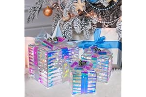 MEETJOYANCY Prismatic Lighted Gift Boxes Set of 3, Christmas Iridescent Gift Boxes with Bow, Prelit 60 White Lights Present Box Lighted Display with Plug for Home Balcony Porch Outdoor Yard Christmas Decorations