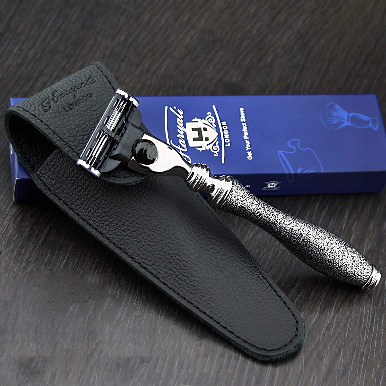 Premium Triple Cartridge Razor in Silver Antique Collection and Genuine Leather Protective Case and wet Shaving