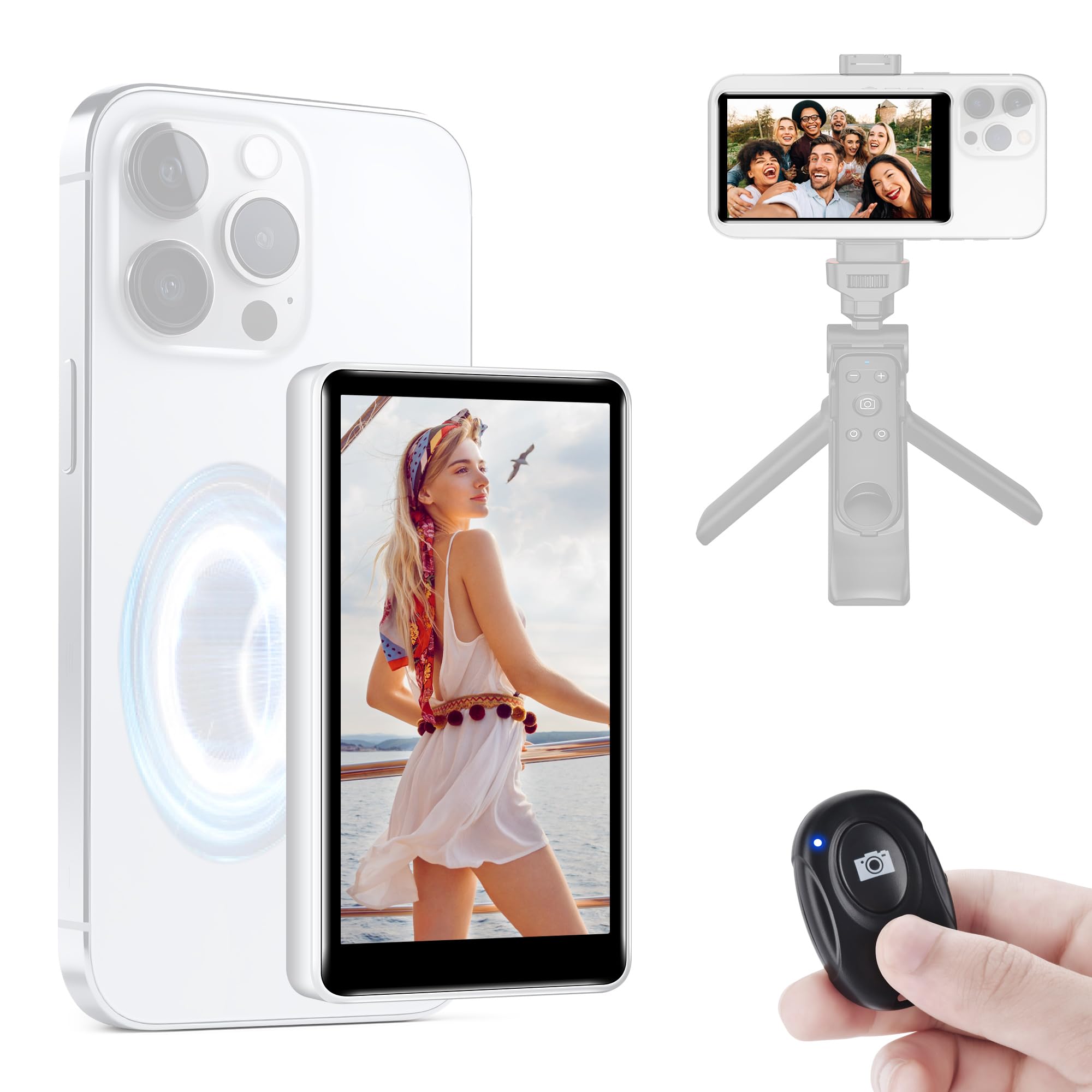 Photo 1 of Selfie Monitor Screen iPhone, Wireless Back Camera Mirror with Bluetooth Remote, 180° Flip, 1800mAh Battery, Magnetic Stand for Vlogging, TikTok & YouTube (Live View, Low Latency, Wide Screen Mode