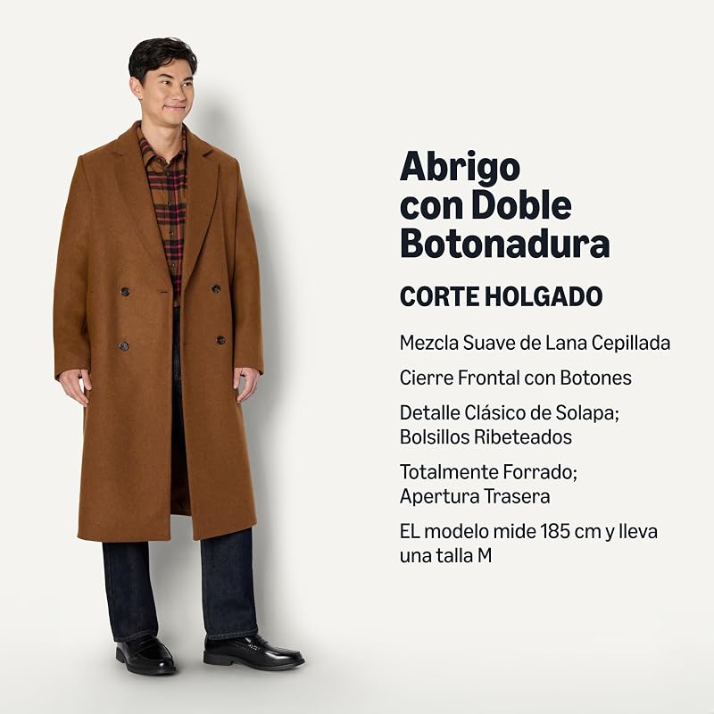 Abrigo Largo de Mezcla de Lana con Doble Botonadura y Corte Holgado Hombre, Caramelo Mezcla, L