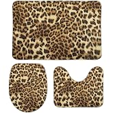 Leopard Print Bath Mat Set, Bathroom Rugs for 3 Pieces, Toilet Mats, Soft Comfortable, Water Absorption, Non-Slip, Easier to Dry for Floor Mats 16x24 inch
