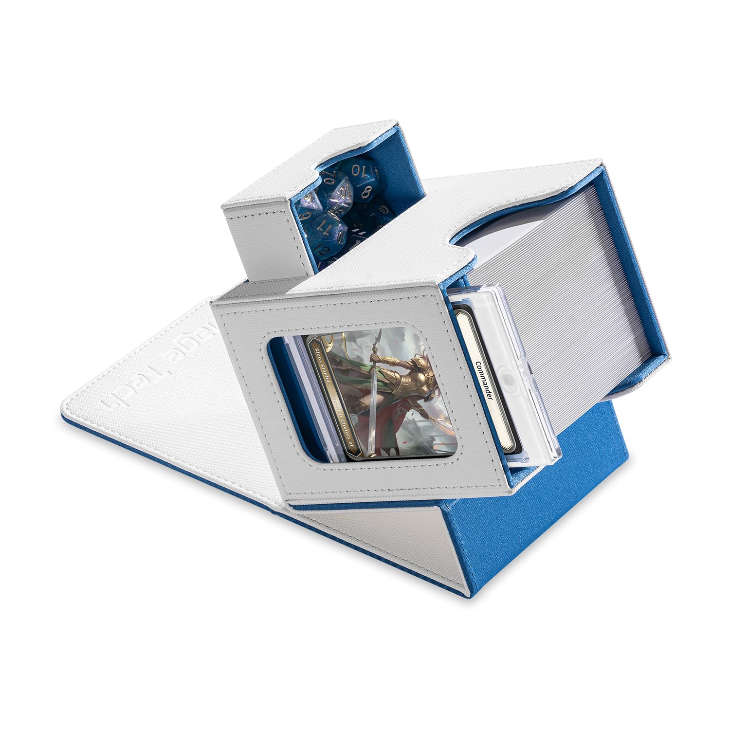 Photo 1 of Mage Tech Card Deck Box for MTG Commander - Patented Design, Commander Display, Fits 100 Double-Sleeved Cards, 35pt Card Brick & Dice Tray - White/Blue