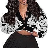 Womens Cute Button Up Cardigans Long Sleeve Open Front Cable Knit Color Block Short Cardigans Sweaters Outerwear Coats