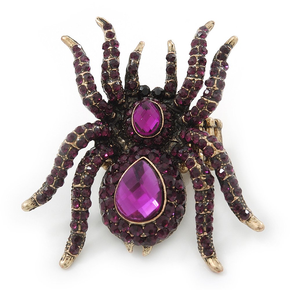 Avalaya Oversized Amethyst Austrian Crystal Spider Stretch Cocktail Ring In Antique Gold Plating - 6cm Length