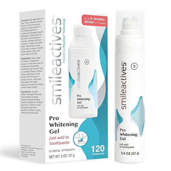SMILEACTIVES TEETH WHITENING GEL FOR TOOTHPASTE WITH CLINICAL-GRADE HYDROGEN PEROXIDE, TOOTH STAIN REMOVER FOR WHITE TEETH, DENTIST QUALITY PRO WHITENING GEL TO REMOVE COFFEE STAINS, 2 OZ BOTTLE