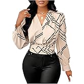 winkbay Women's Wrap V-Neck Blouse Long Sleeve Shirts Geometric Print Slim Fit Ruched Tops Fall