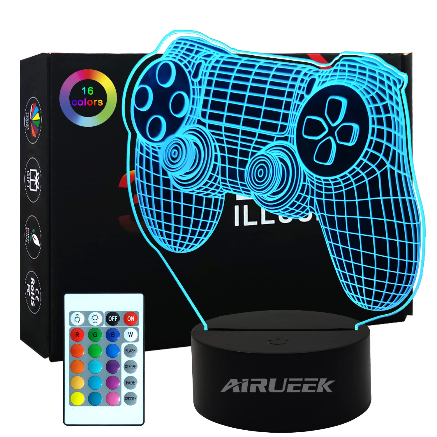 AIRUEEK Gaming Lights for Bedroom,3D Illusion Gaming Lamps,Gaming Night Light 16 Colours Change with Remote Control,Gaming Accessories Room Decor Men,Gaming Gifts for Mens Gamers Christmas Birthday