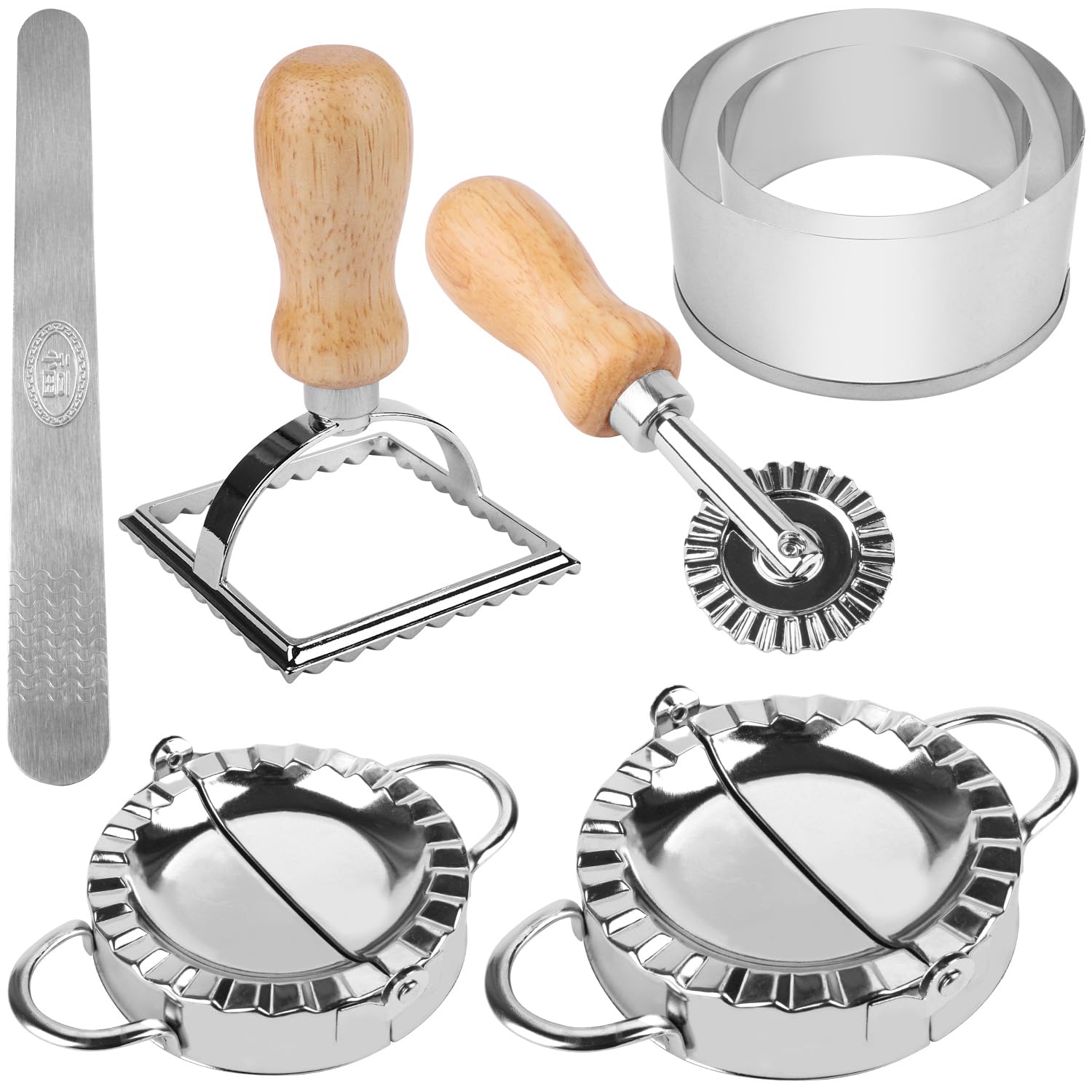 Ezydka Dumpling Maker Set 7 Pcs Stainless Steel Dumpling Mould with Ravioli Cutter and Pasta Cutter Wheel for Ravioli Pastry Empanadas
