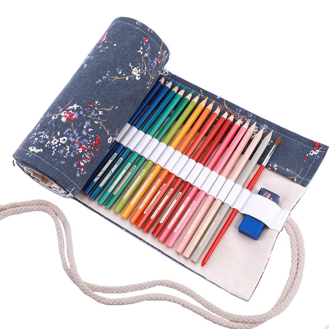 Amoyie Roll Up Pencil Case for 48 Coloured Pencils, Foldable Colouring Pens Organiser Bag, Artist Wrap, Canvas Holder, Grey Plum