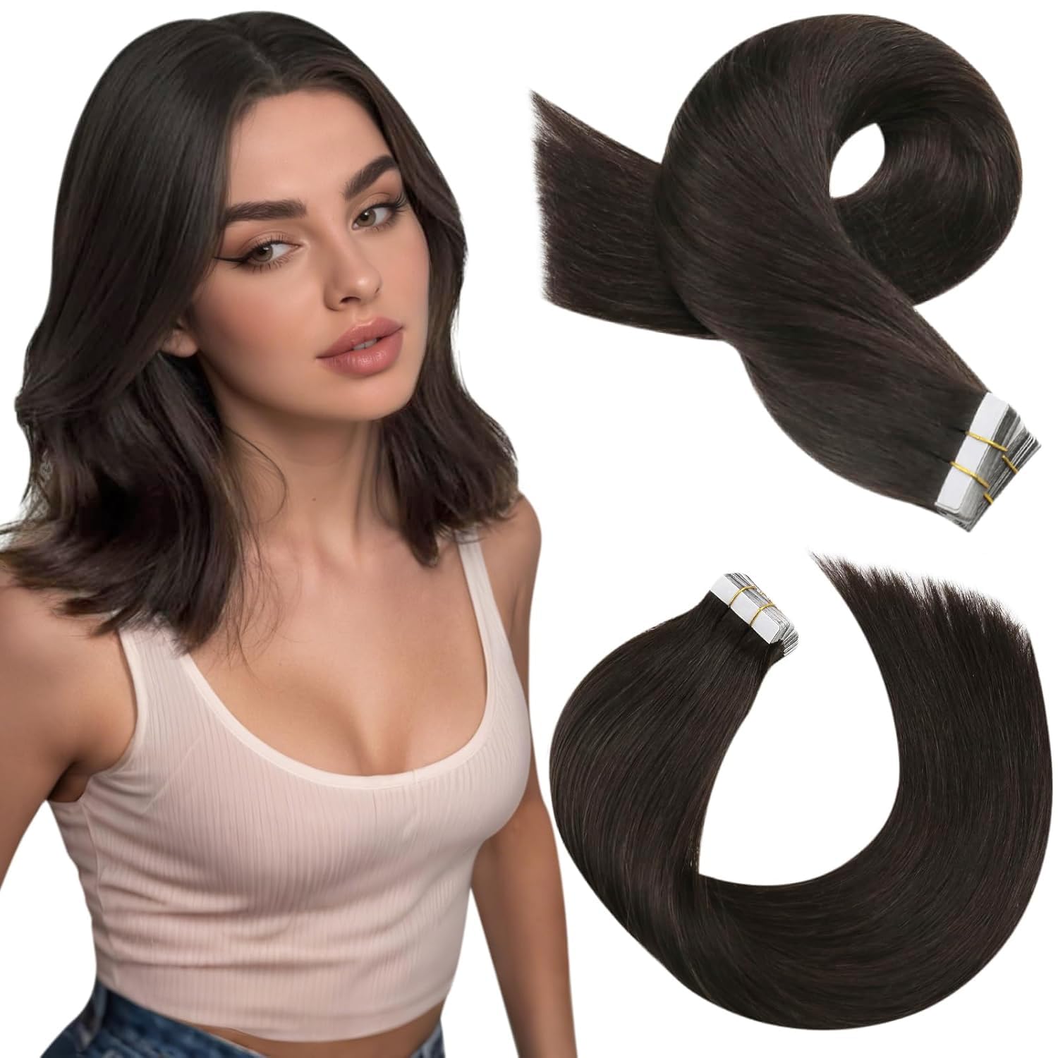 Moresoo Tape in Extensions Human Hair Darkest Brown Shoulder-length Hair Short 12 Inch Seamless Tape in Real Hair Extensions Remy Human Hair Natural Look for Thin Hair Adding Volume 20pcs/30g #2 — image 1