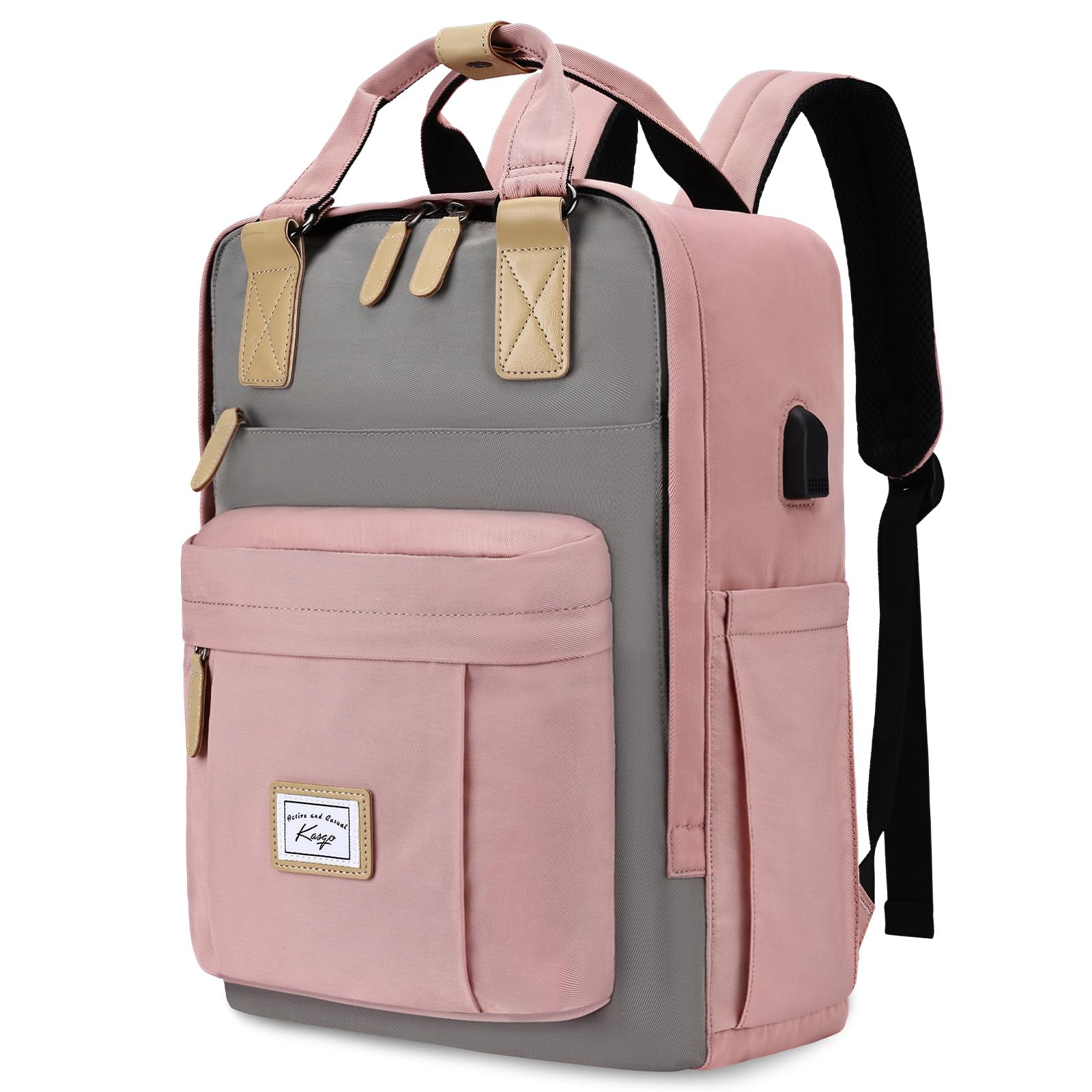 Kasgo Backpack for Women, Water Resistant Classic School Backpack 15.6 inch Laptop Rucksack with USB Charging Port Bookbag Casual Daypack for Teenagers Girls College Travel Work (Pink and Light Grey)