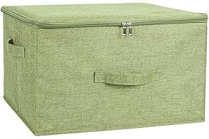 ANMINY Storage Bins with Zipper Lid Storage Boxes with Handles PP Plastic Board Foldable Lidded Cotton Linen Fabric Home Cubes Baskets Closet Clothes Toys Organizer Containers - Green, Large Size