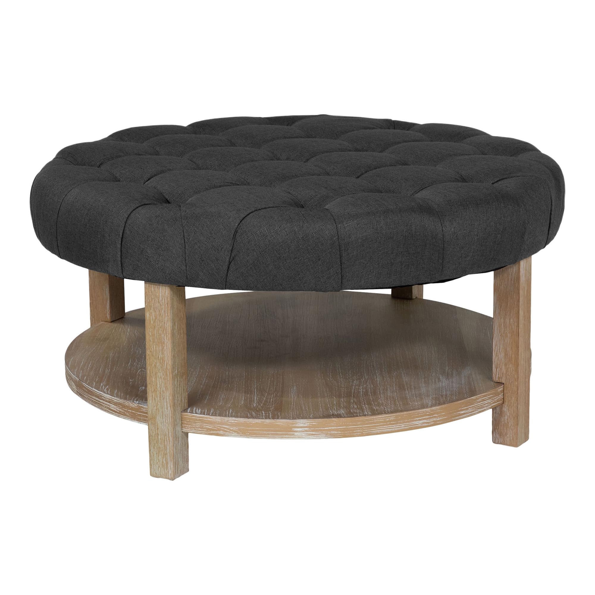 Photo 1 of 24/7 Shop at Home Lundberg Button Tufted Ottoman with 1 Open Shelf, Fabric Cocktail Bench, Round Coffee Table for Living Room, Bedroom, Entryway, Brown and Dark Gray