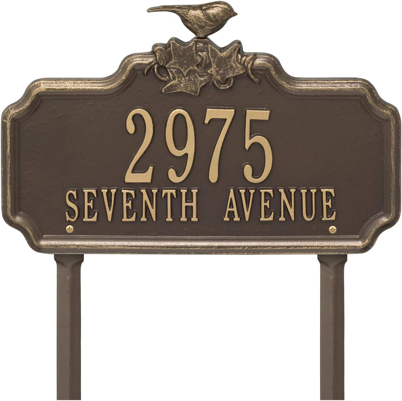 Personalized 2 Lines Chickadee and Ivy Metal Aluminum Outdoor Garden Plaque 16.13"W x 10.75"H in Bronze/Gold