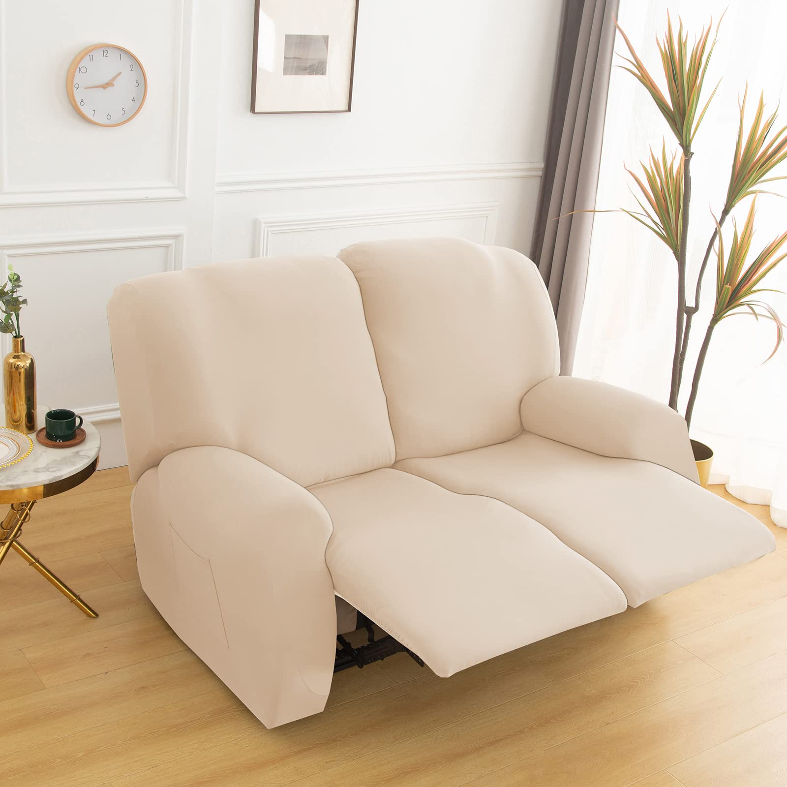 Stretch Recliner Chair Cover,6-Pieces Sofa Cover Slipcover Couch Covers,Armchair Cover Non-Slip Furniture Protector ,Elastic Spandex Soft Recliner Chair Protector with Side Pocket(2 Seater Beige)