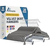Lifemaster Velvet Skirt Hangers – with Adjustable Clips, 360 Degree Swivel Hook, and Non-Slip Shoulder Notch, Holds Up to 10 lbs, for Organizing Skirt, Pants, Dress, and Clothes, Pack of 20, Gray