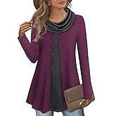 Bebonnie Womens Long Sleeve Cowl Neck Warm Splicing Tunic Tops with Buttons