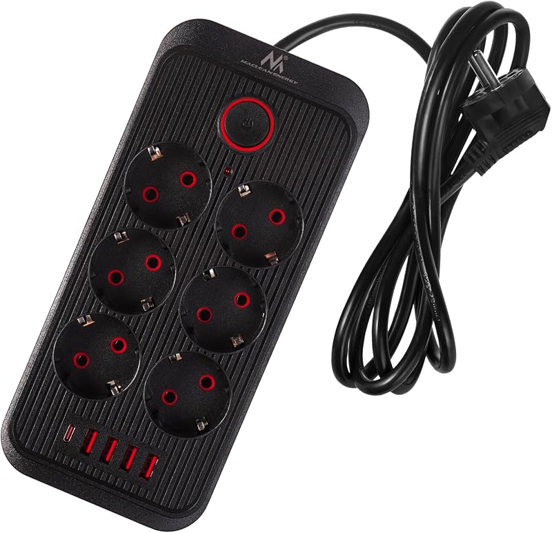 Régua de Energia MCE389/391 | 6 x 4xConectores USB 1xUSB-C 2500W | Cabo de Extensão de Secretária com Interruptor | Portas de 45° | Montagem de Parede (Preto, 1,5 m)