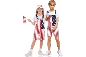 OeyFnbmO Kids 4th of July Outfit Boy American Flag Overall Girl Stretch Denim Jumpsuit USA Shorts with Zipper Fly
