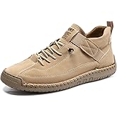 TIXEWSJH Womens Hand Stitching Leather Slip-On Ankle Boots with Adjustable Elastic Band Casual Lightweight Non-Slip Walking Loafers Retro High Top Flat Boat Shoes