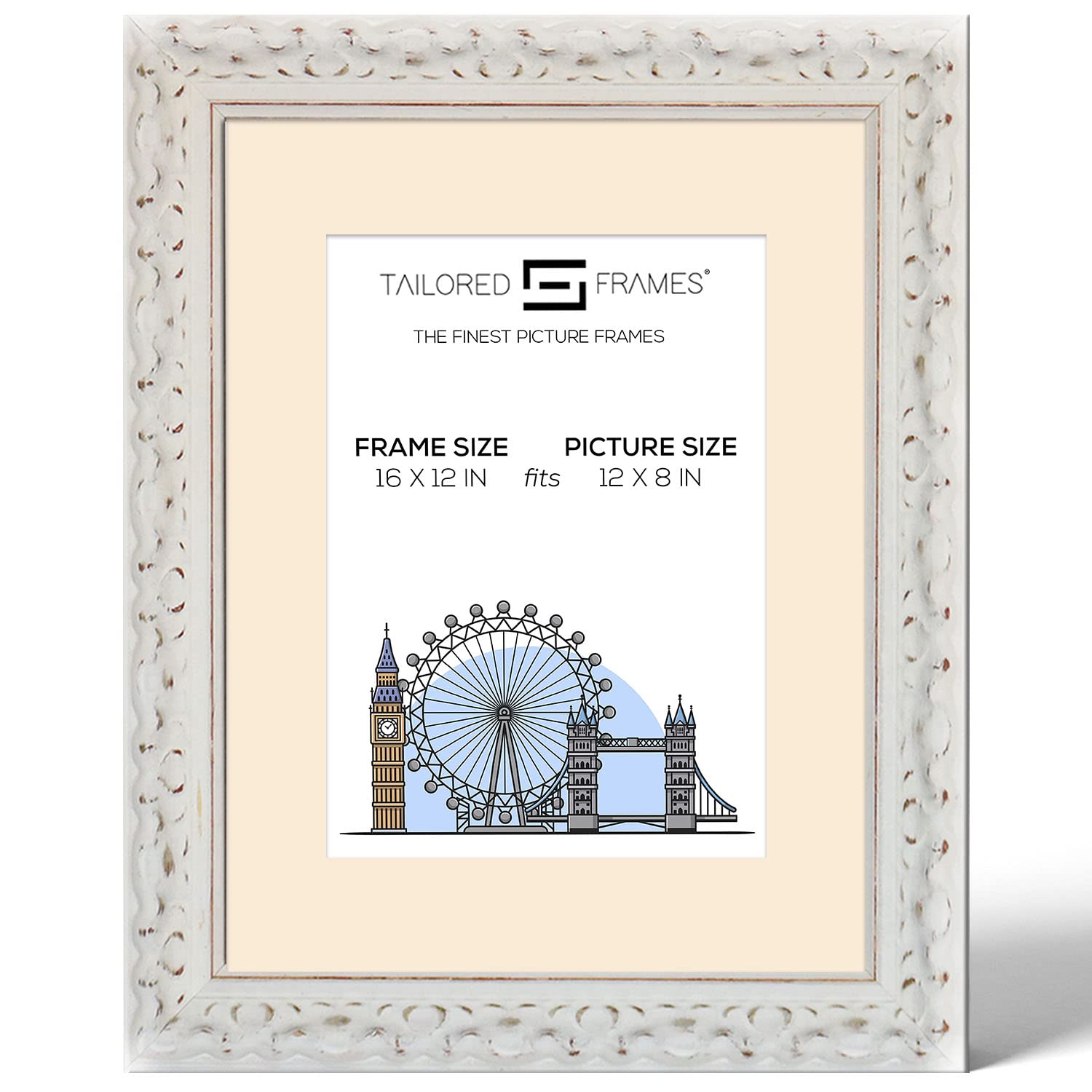 Tailored Frames Vienna White 16" X 12" Frame for 12" X 8" Picture | Rustic Style Vintage Single Picture Frame | Wall Hanging Type | Photo Frame with White Mount