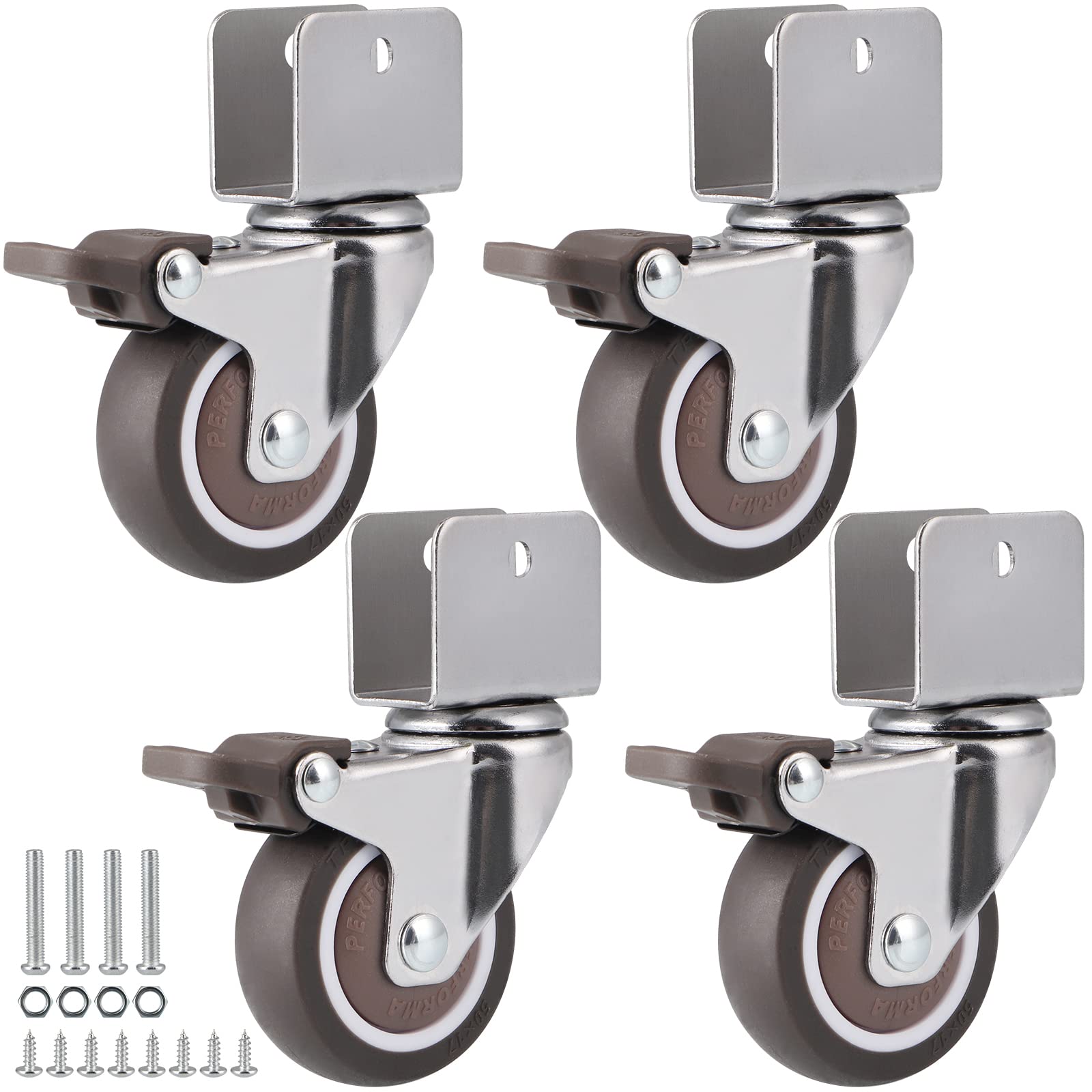 Skelang 4 Pcs Swivel Castor, U-Shaped Plate Silent Wheel 50mm, TPE Caster for Stand, Crib, Total Load Capacity 108kg