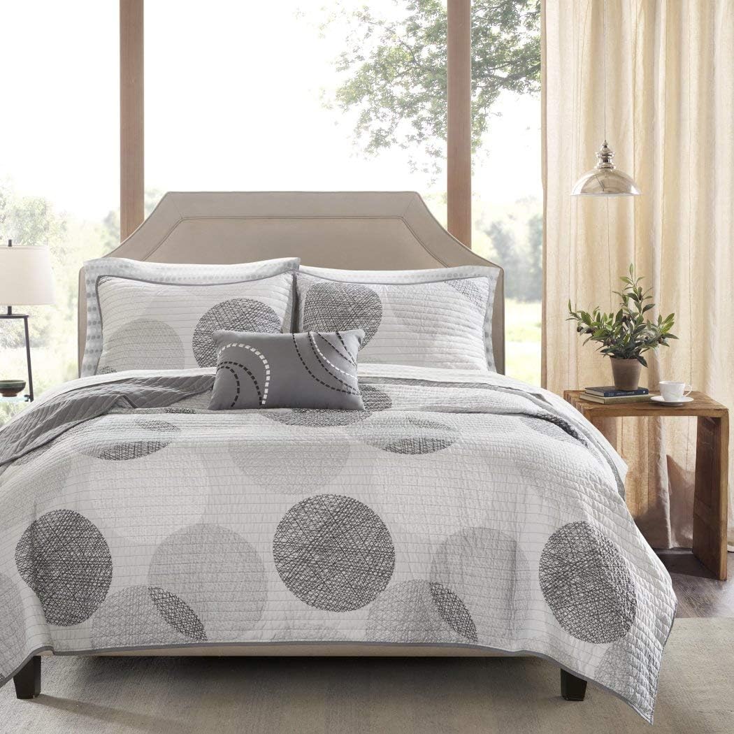 9 Piece Grey White Dots Theme Coverlet Full Size Set, Chic