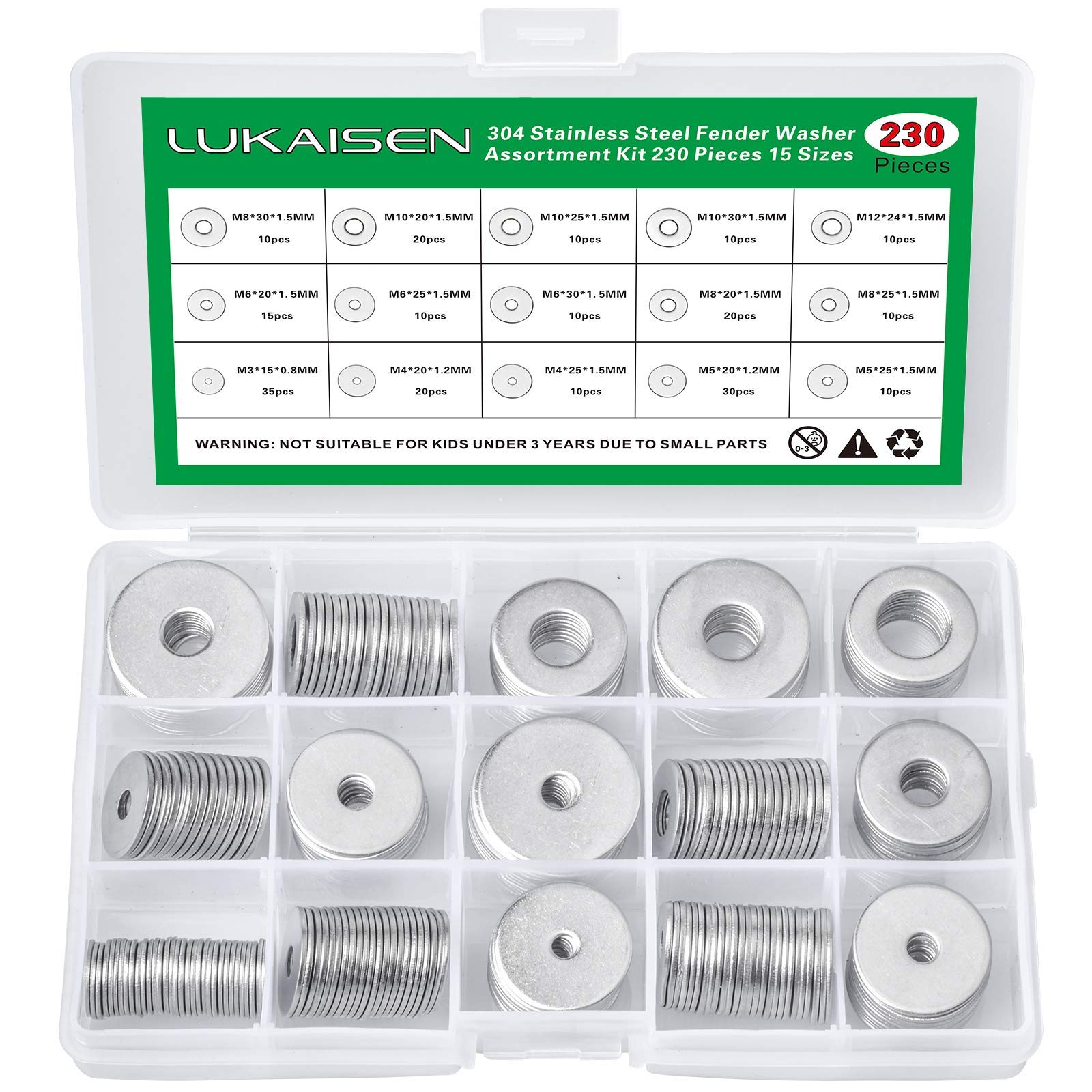 230 Pcs Large Flat Washer Set, 304 Stainless Steel Flat Penny Washers Assortment Kit, 15 Sizes M3/M4/M5/M6/M8/M10/M12 Repair Fender Washer Plain Round Chrome Washers for Screws — image 1